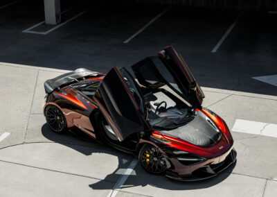 Aerial shot of the completed Mclaren 720s showing the different colors within PWF Black Opalus