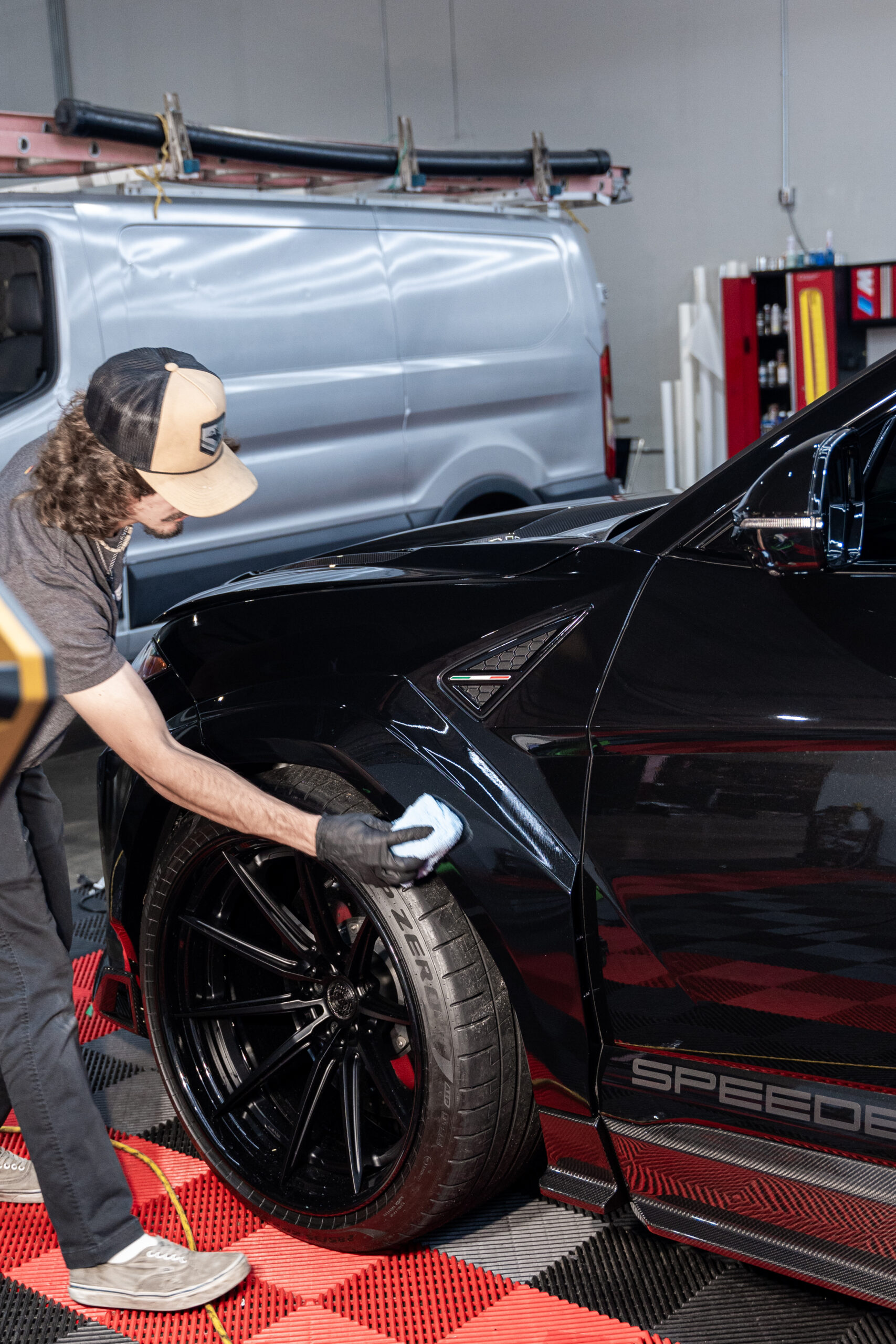 Nick applying the Fusion Ceramic Coating from XPEL once the Ryft Widebody was installed